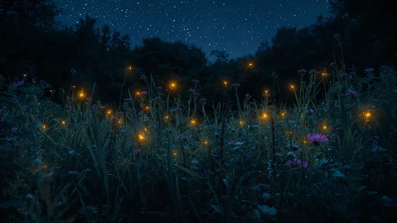Frames advancing, fireflies appearing and twinkling among grasses at night, with pink wildflowers