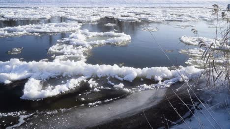 Gefrorener-Fluss-Mit-Eisschollen,-Die-Mit-Schwenken-Aufgenommen-Wurden