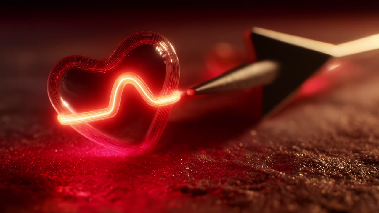 A mesmerizing display of love and vitality, showcasing a heart illuminated by vibrant red light, intertwined with an arrow that symbolizes passion, connection, and emotional energy