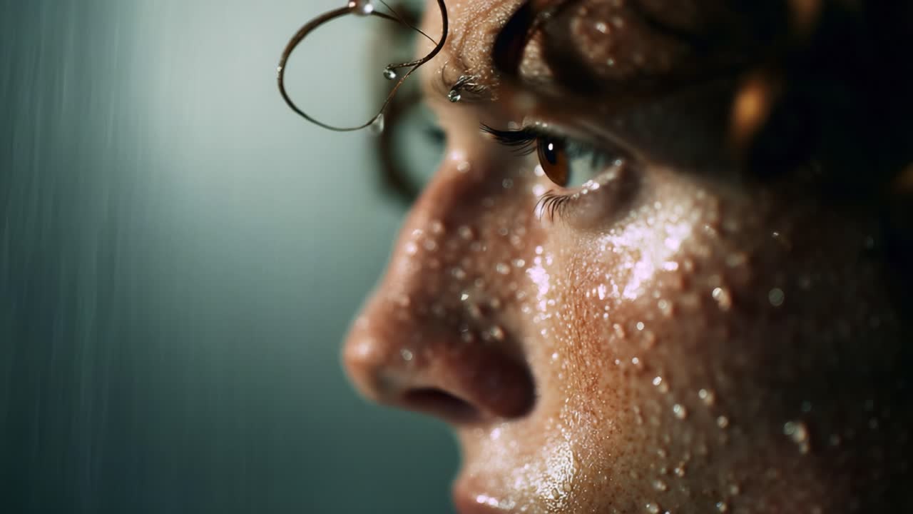 Close-Up of a Face Showcasing Emotional Depth and Reflection Under Water, Highlighting Raindrops on Skin and Capturing the Intensity of a Moment in Natural Light