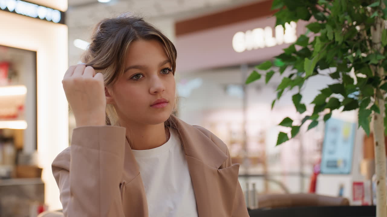 쇼핑몰을 둘러보는 집중한 젊은 여성, 상점 진열대를 주의 깊게 살펴보는 사려 깊은 여성, 흔들림 없는 집중력으로 상점가를 살펴보는 모습에서 깊은 생각에 잠긴 듯한 젊은 여성 쇼핑객