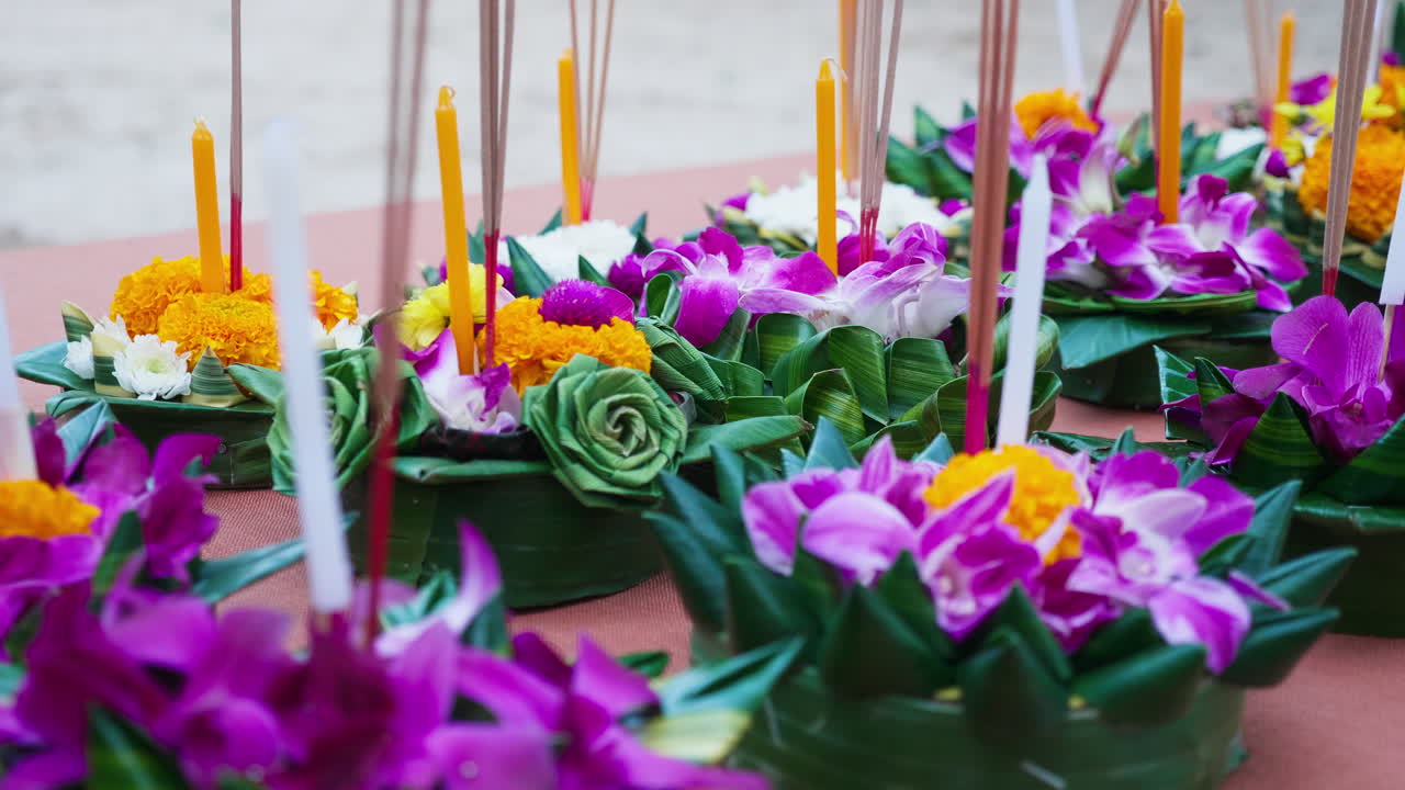 Colorful Floral Offerings Made of Banana Leaves