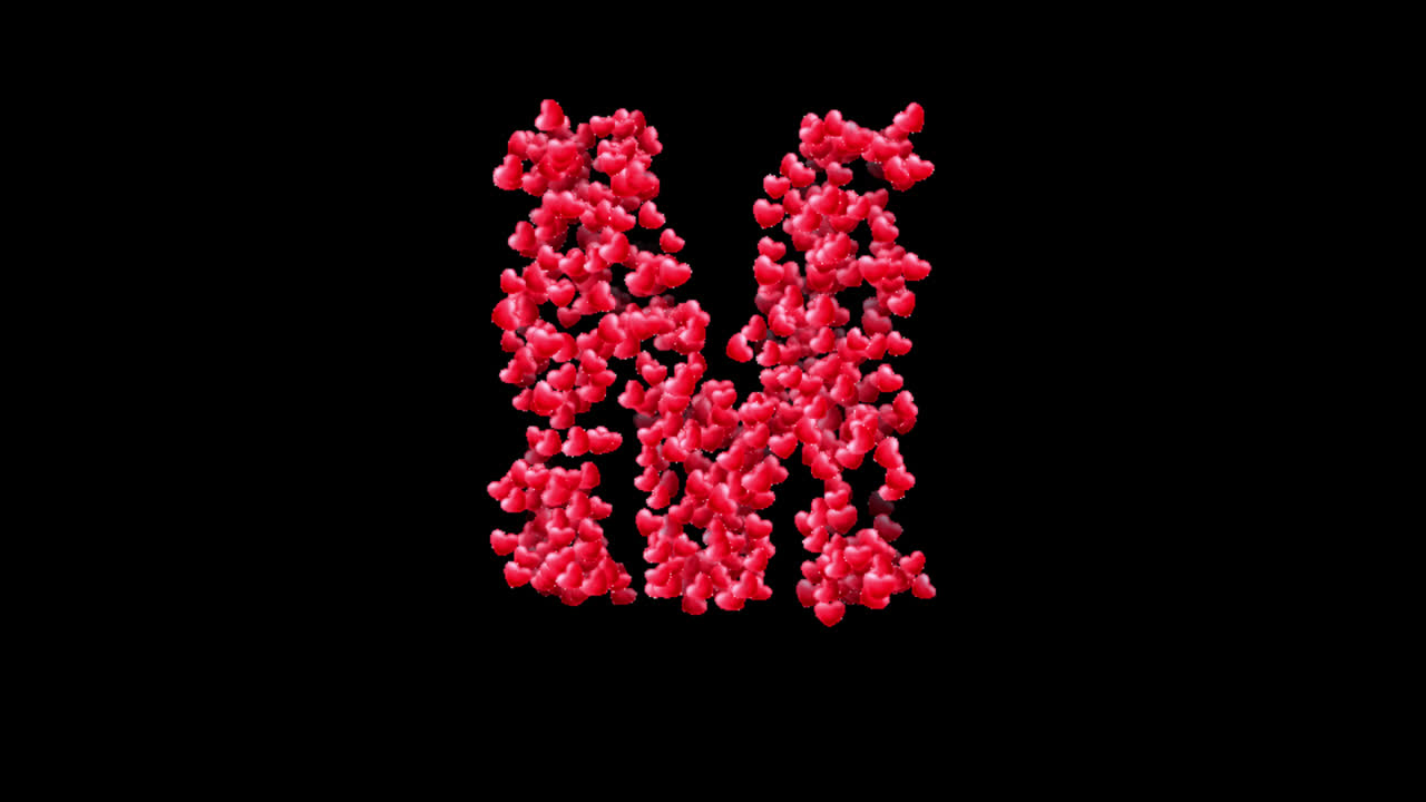 Animazione di particelle a forma di cuore che formano la lettera M su sfondo trasparente