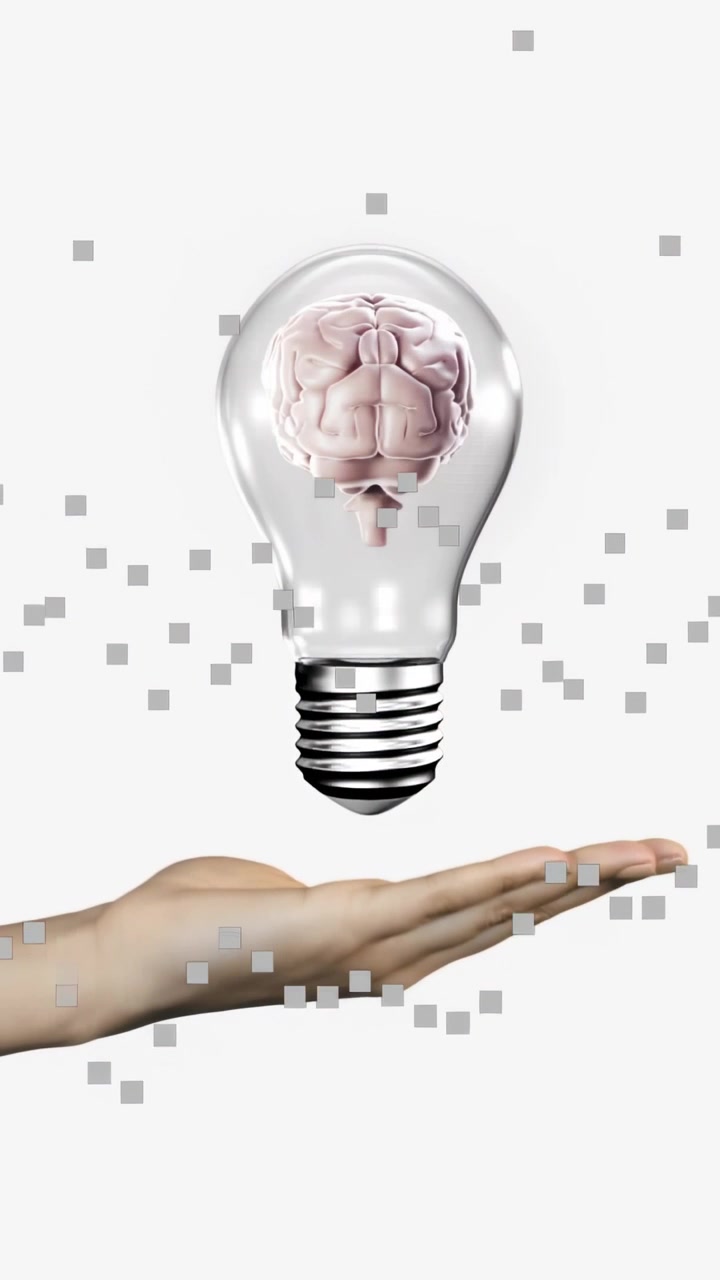 Mano destra che entra e stabilizza una lampadina a forma di cervello sospesa, mentre pixel grigi fluttuano, illustrando la tecnologia.