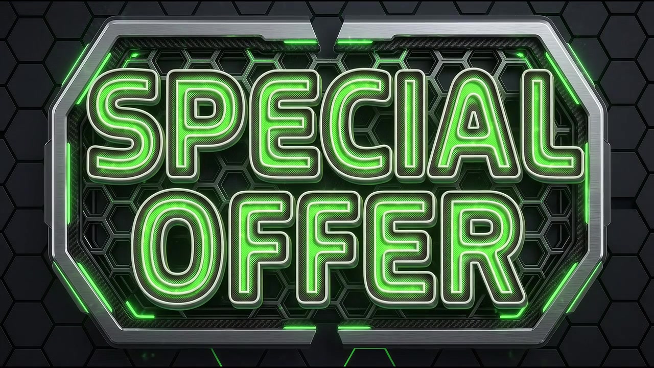 Animazione di Insegna al Neon con Offerta Speciale su Sfondo Esagonale Futuristico