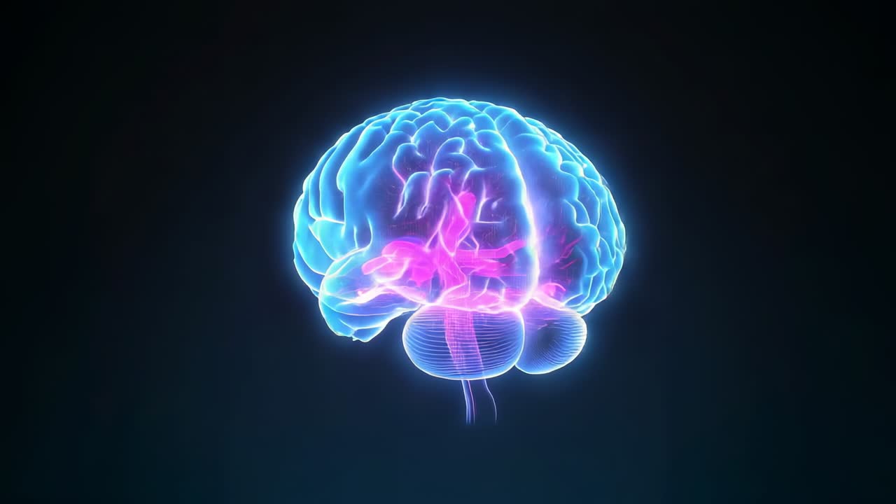 Loading neon-lit brain model rotating in void to reveal lobes, cerebellum, pulsing magenta pathways