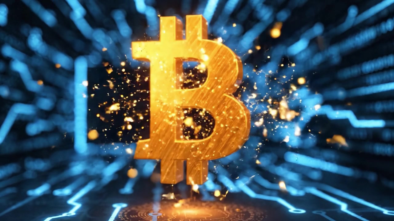Dynamic Visualization of Cryptocurrency: A Stunning Bitcoin Symbol Emanating from a Futuristic Digital Network in a Dark Environment