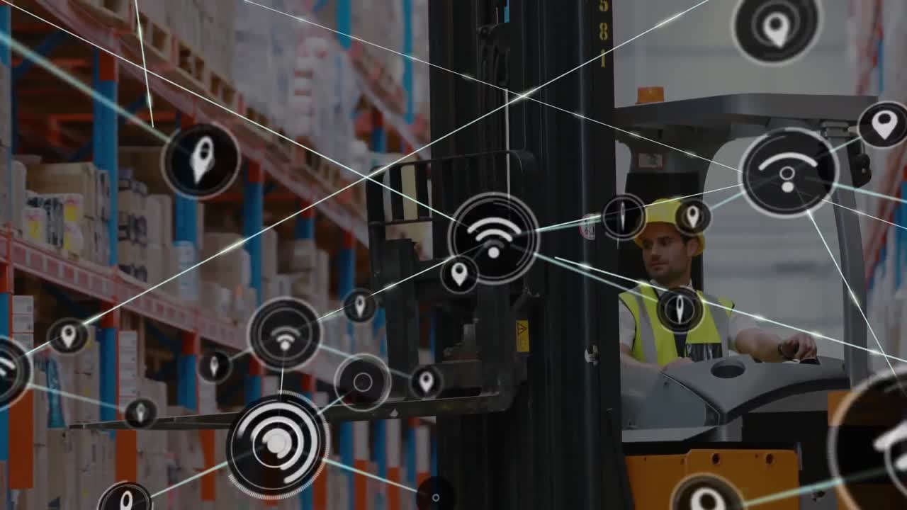 Animation of network of digital icons over caucasian male worker operating forklift at warehouse