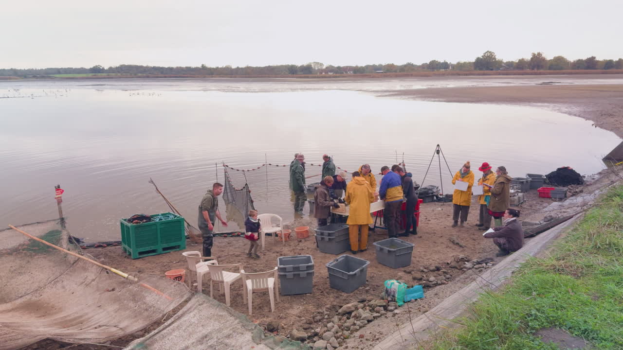 Group of people working on a lake shore during a fish research project