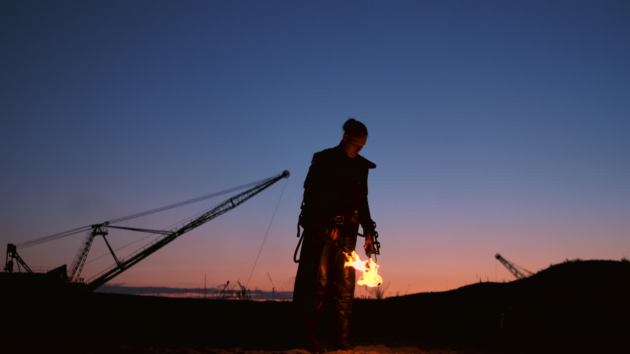 A man with a flamethrower at sunset in slow motion. Costume for zombie Apocalypse and Halloween