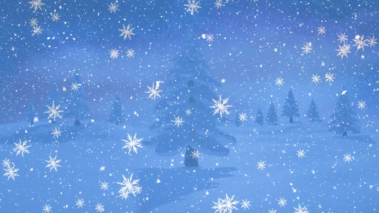 겨울 소나무 위에 내리는 눈의 애니메이션 풍경 배경