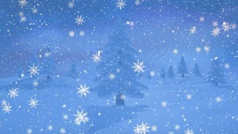 animation of snow falling over winter fir trees landscape background