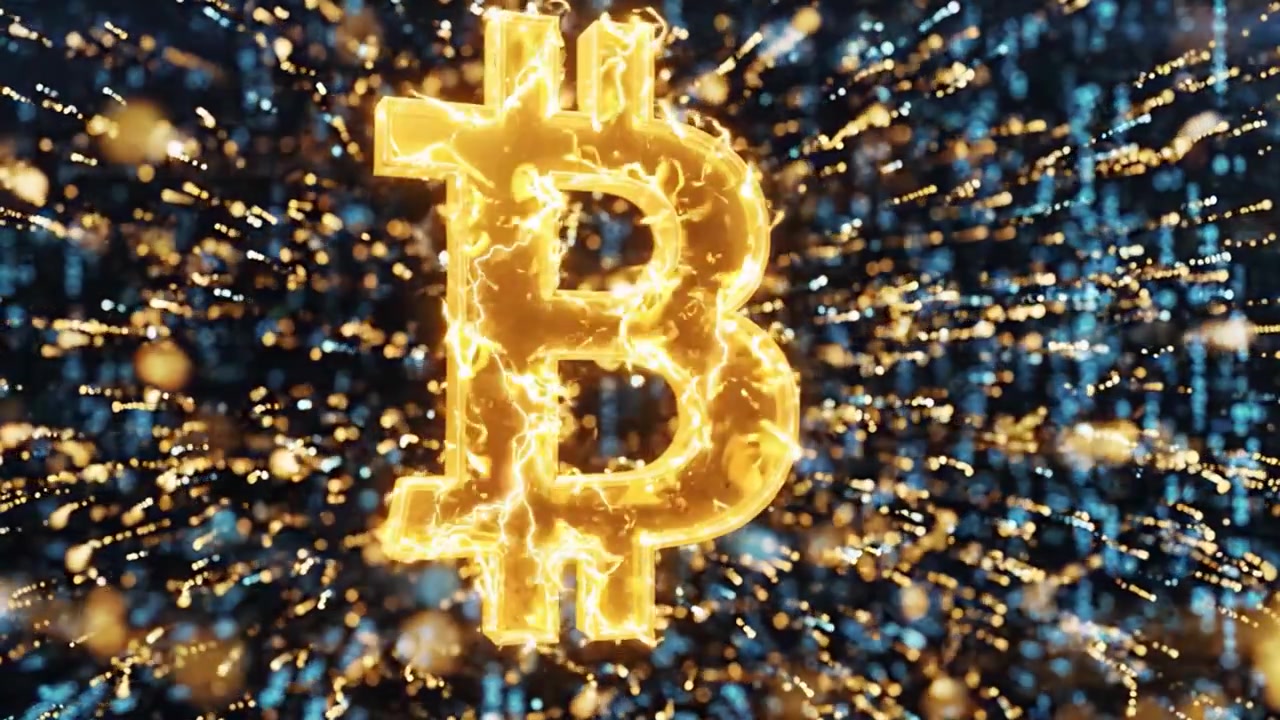 Simbolo Bitcoin Illuminato che Brilla in una Matrice di Dati Digitali con Particelle Scintillanti e un Bagliore Futuristico, Raffigurante l'Innovazione e la Tecnologia delle Criptovalute