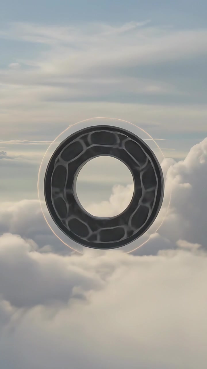 Vertical video: Glowing halo spurring torus rotating, tilting, dropping into clouds, showing mesh