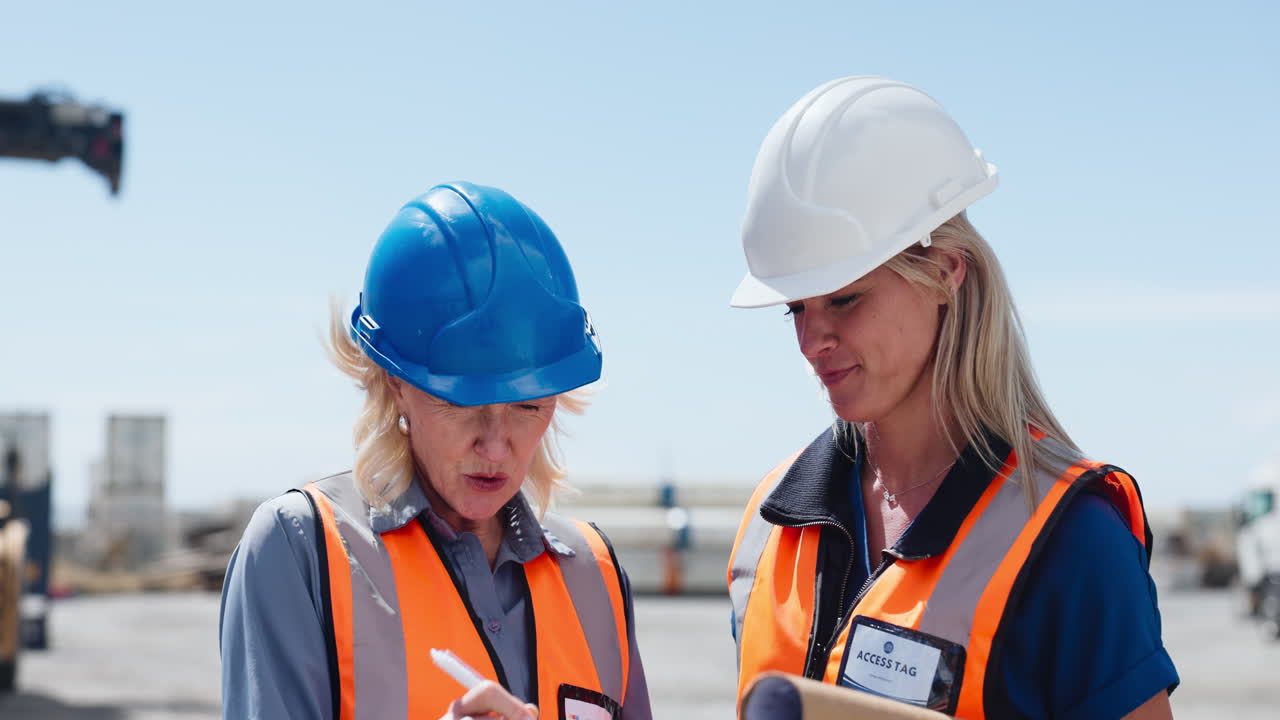 Two Female Engineers Discussing Plans at an Outdoor Construction Site