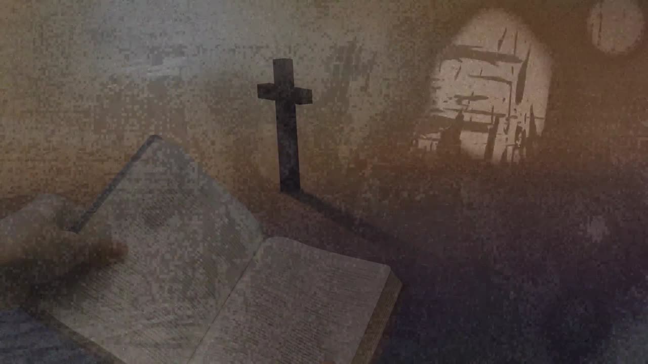 Mão adulta entrando no canto inferior esquerdo, virando páginas enquanto sobreposições se movem e uma cruz permanece para leitura.