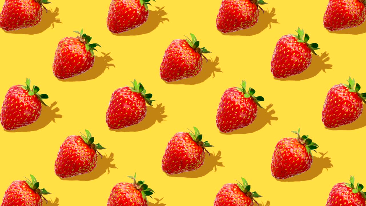 Flat lay composition with strawberry berry on yellow background