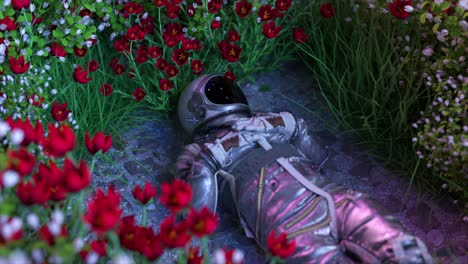 astronaut resting in a flower garden