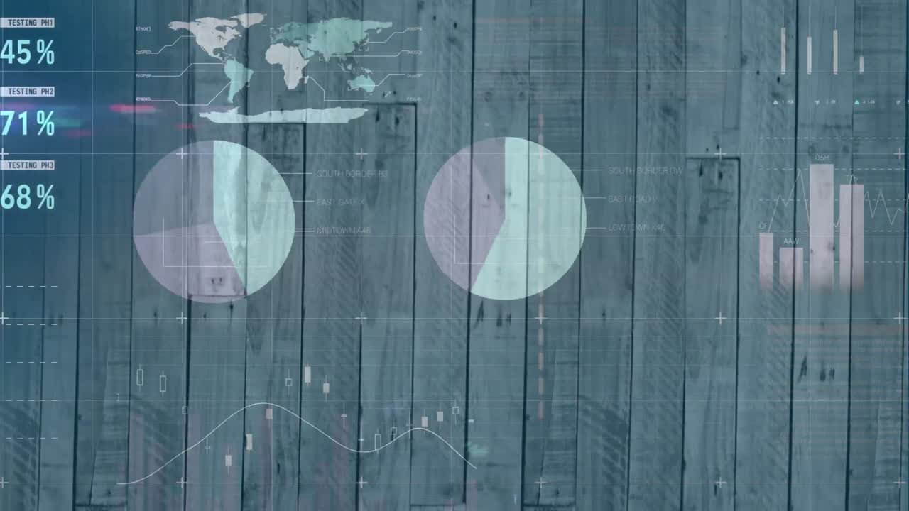 animación del procesamiento de datos financieros sobre un fondo de madera