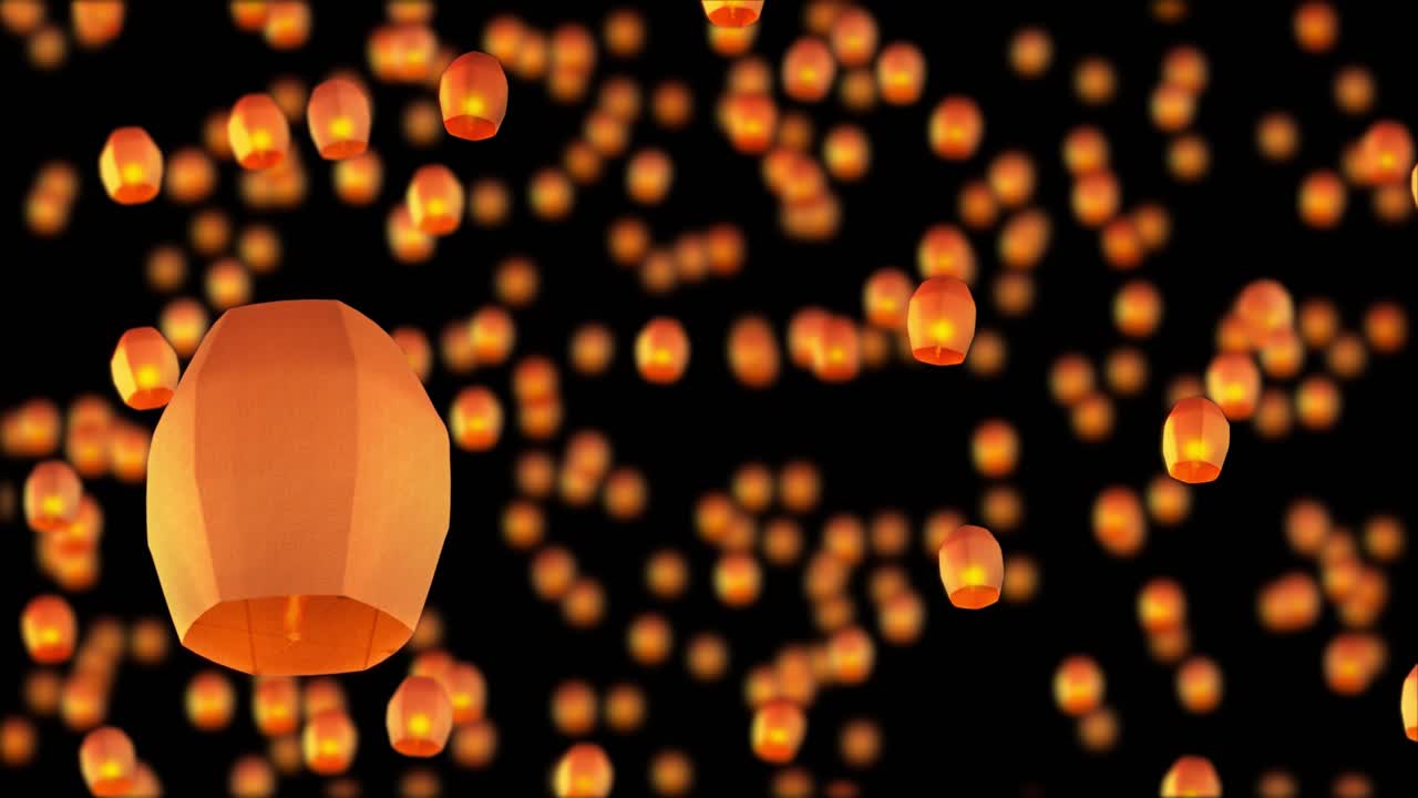 4k loop greating card of lamps paper flying lanterns at night sky background festival anniversary
