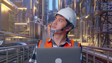 close up of asian male engineer with safety helmet working on a laptop and looking around while standing at a vast oil refinery