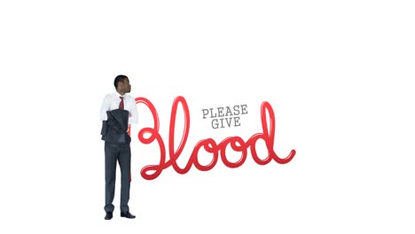 Composite-video-of-african-american-businessman-against-please-give-blood-text-on-white-background