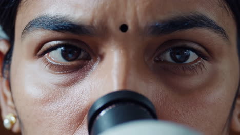 close-up of a scientist's eyes focused on a microscope