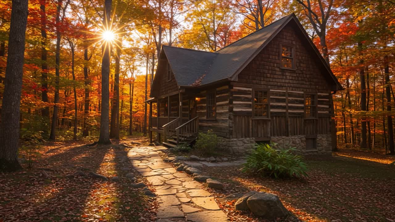 Autumn Log Cabin in the Forest with Sunburst