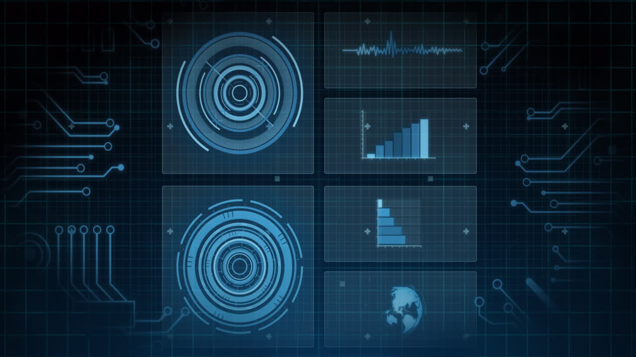Animation of scopes scanning, statistics recording and data processing over blue background