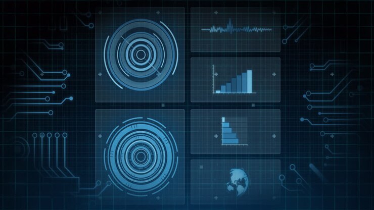 Animation of scopes scanning, statistics recording and data processing over blue background