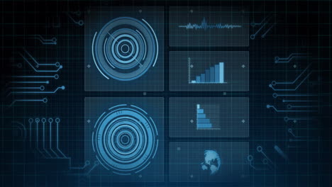 animation of scopes scanning, statistics recording and data processing over blue background