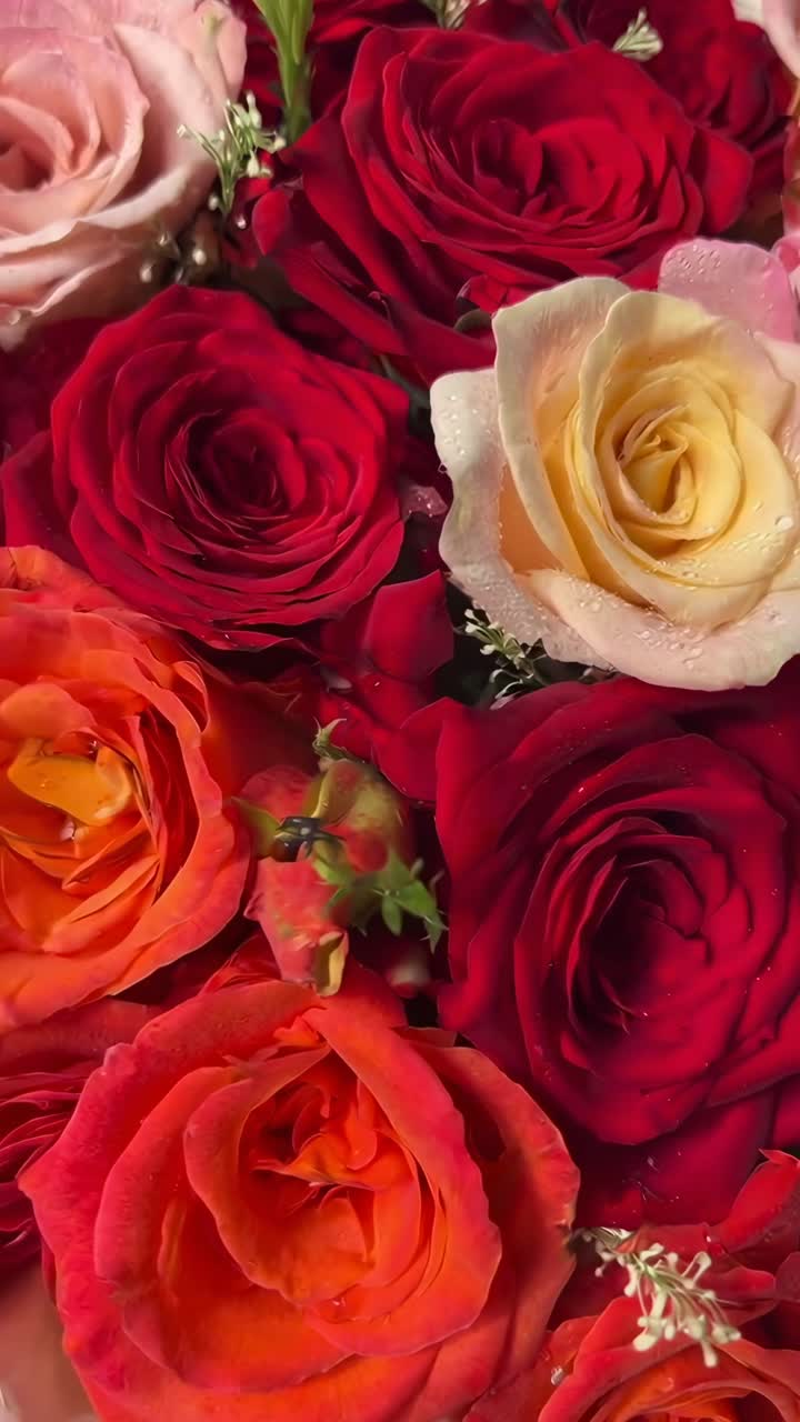 Vídeo en primer plano de vibrantes rosas en plena floración, que muestra colores intensos y pétalos delicados, En vivo