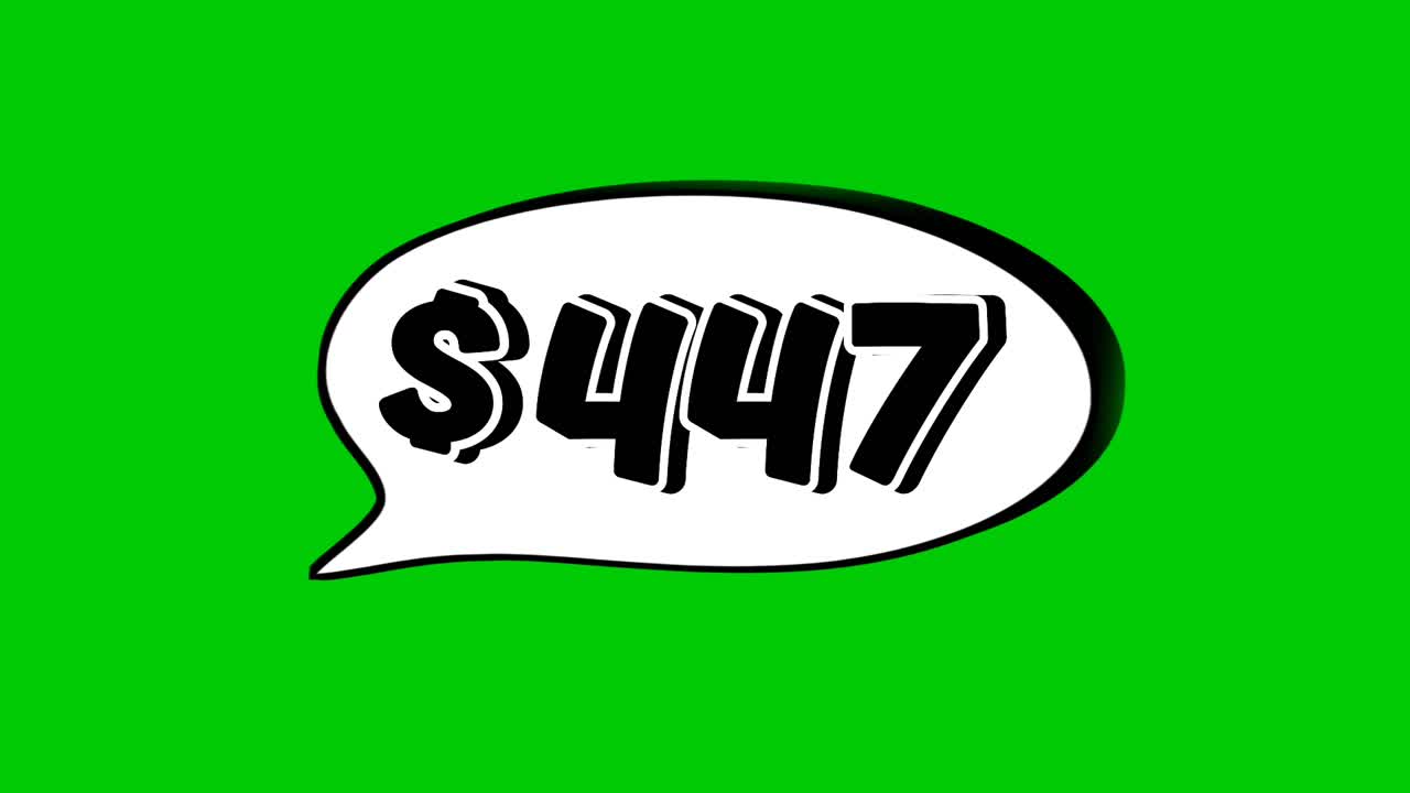 Animazione prezzo di 447 dollari in un fumetto su green screen. Perfetto per vendite, annunci o video promozionali. Elemento video facile da usare e personalizzare nei tuoi progetti