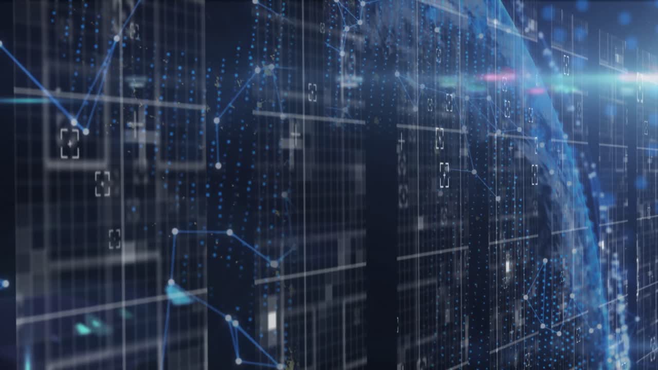 Animation of shapes moving and globe over black background