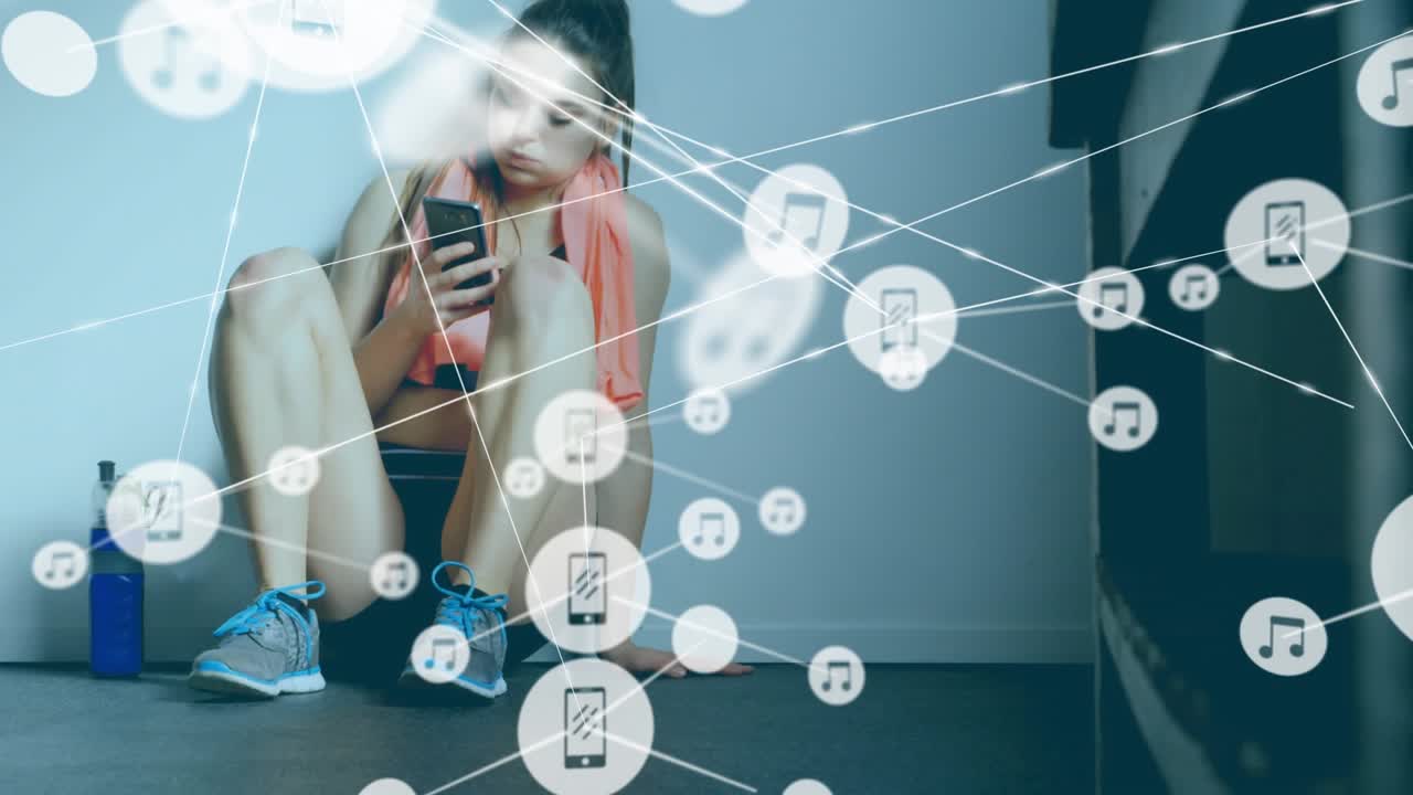 Animation of icons connected with lines over tired woman using cellphone by wall