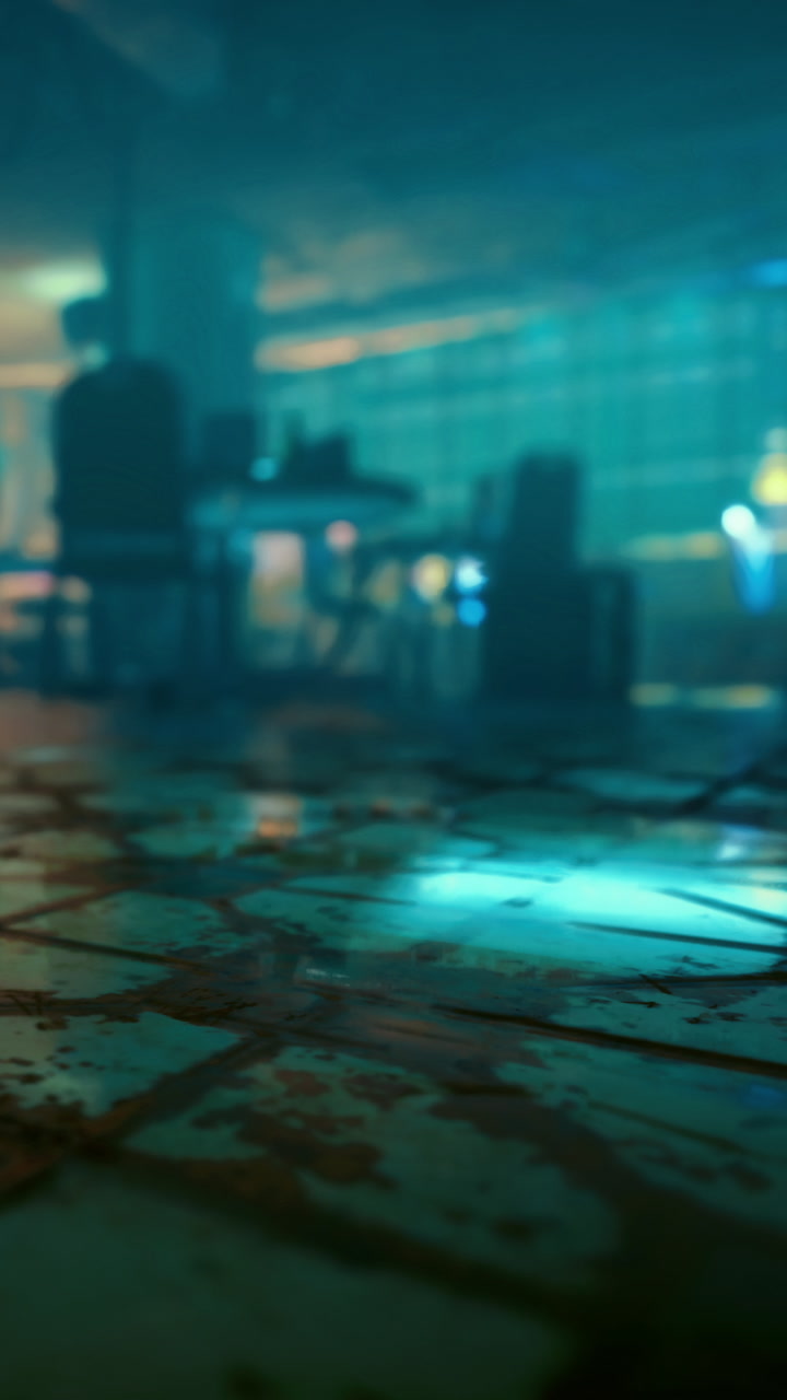 Urban scene at night with reflections on wet floor in dim light