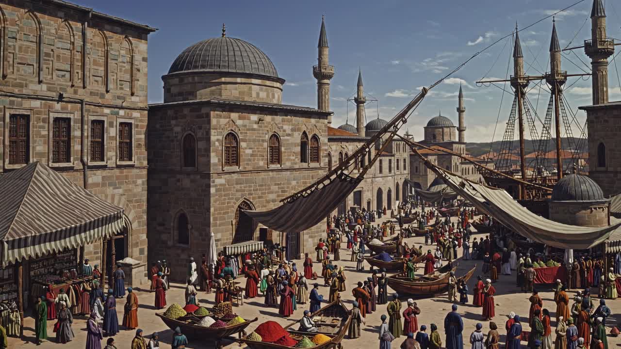 Hareketli, tarihi bir pazar yerinin canlı renkler ve detaylı mimariyle havadan görünümü