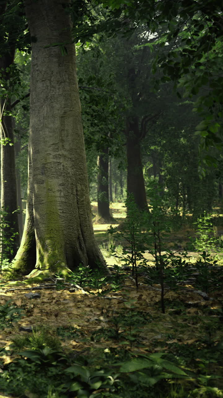 Un albero alto si erge in una foresta verde con la luce solare che filtra sul terreno.