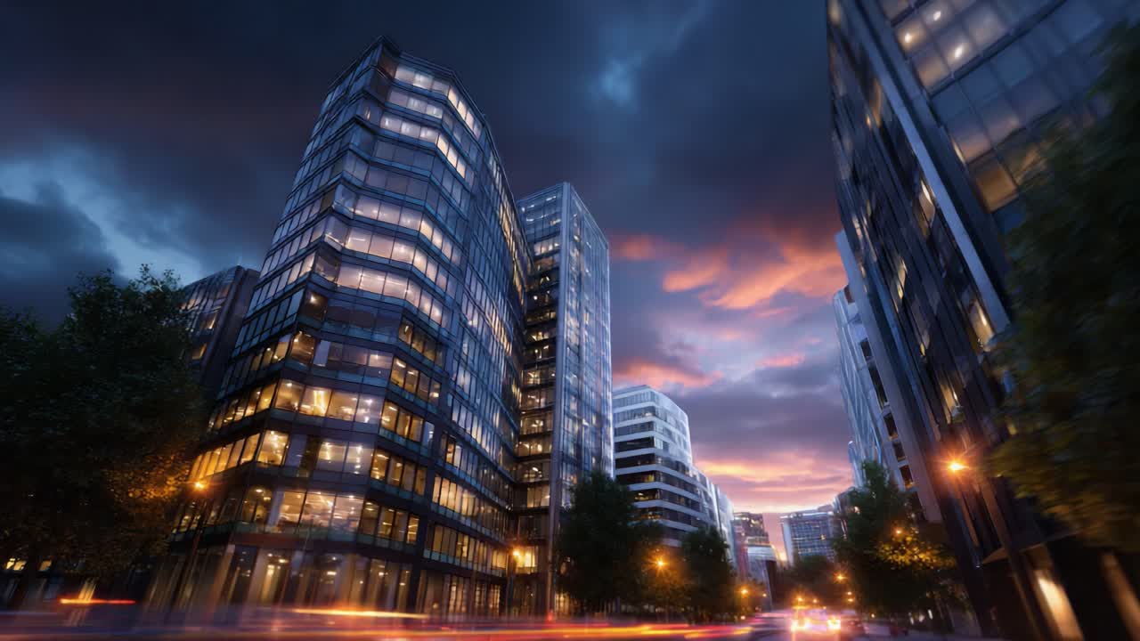 Paesaggio notturno urbano: una vista affascinante di edifici architettonici moderni illuminati su un cielo che si oscura al crepuscolo, che mostra la vita e la vivacità della città