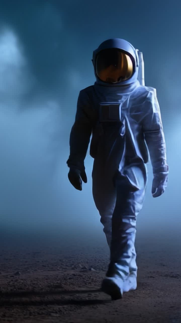 An astronaut walks through a mysterious environment, surrounded by fog and cloud-like formations, symbolizing exploration and the unknown in space travel