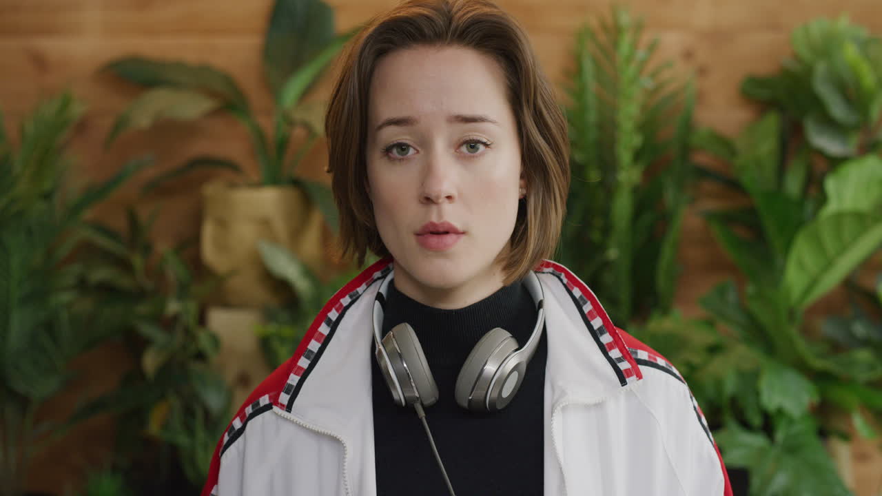 세련된 패션 식물 배경을 입은 아름다운 젊은 여성의 초상화 심각한 매력적인 백인 여성 학생