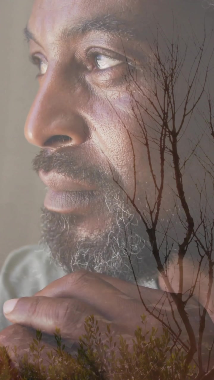 Overlay of bare trees and landscape creating reflective mood with thoughtful man