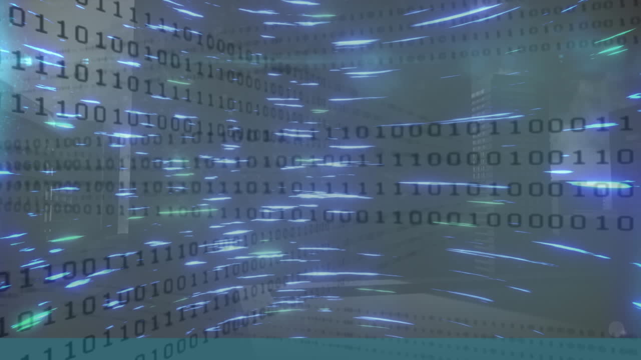 Animation of binary codes, circular beam pattern over modern buildings in background