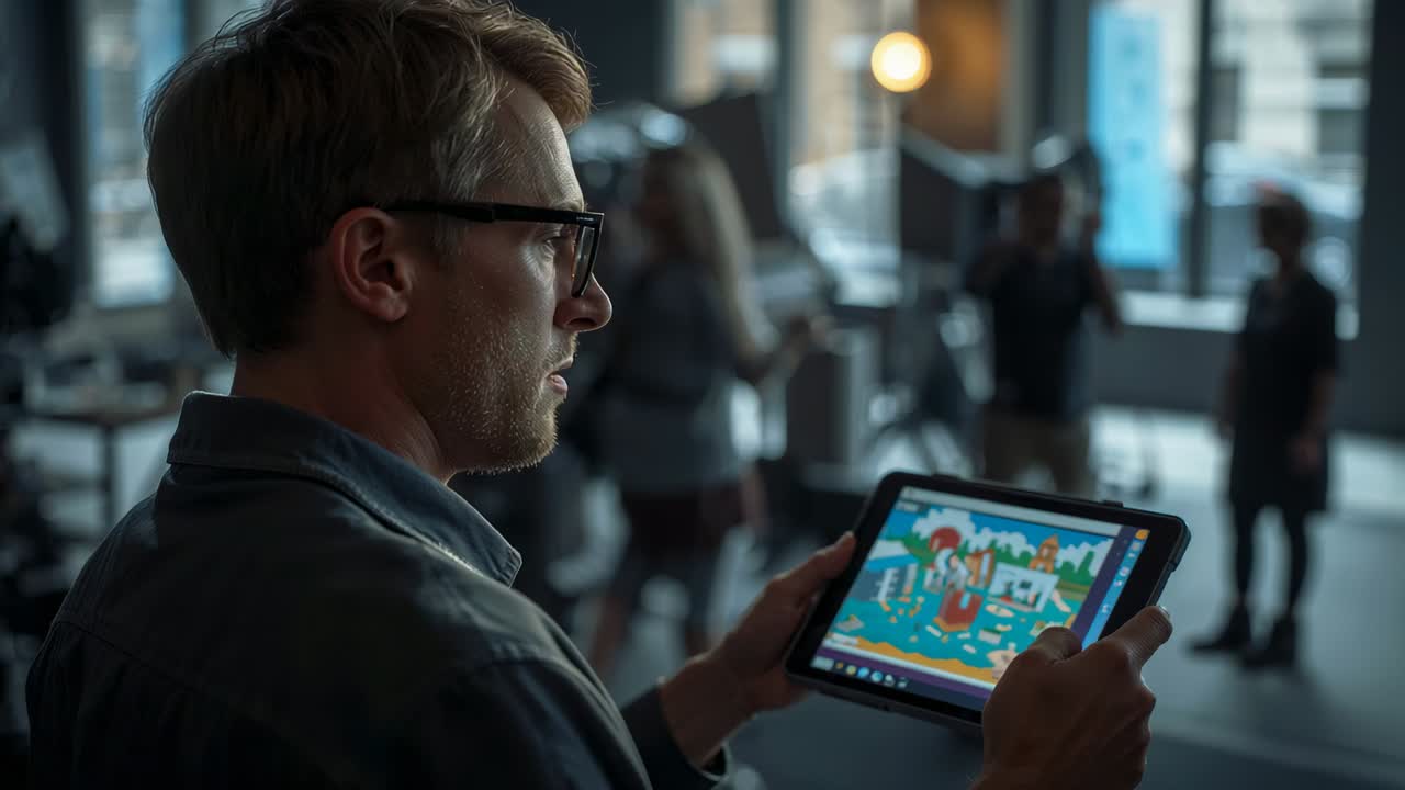 Holding tablet up man wearing glasses tapping screen, testing scenes for crew in studio, copy space