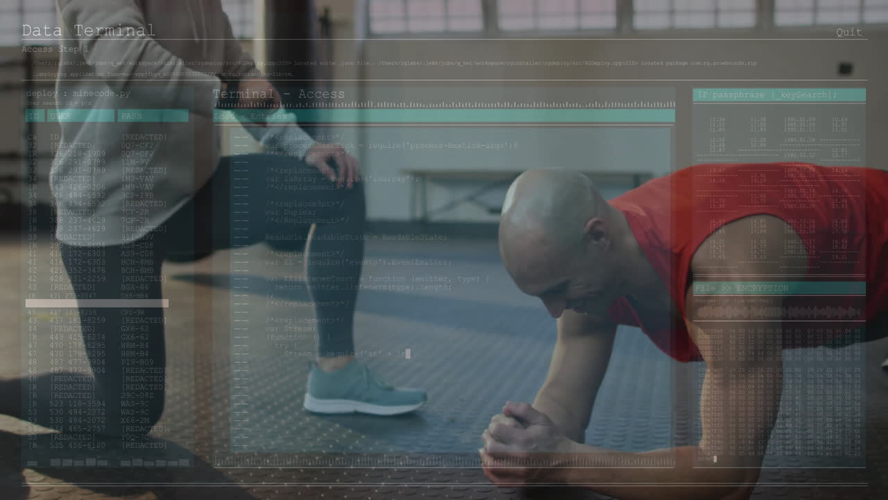 Man exercising in gym with digital data processing animation overlay