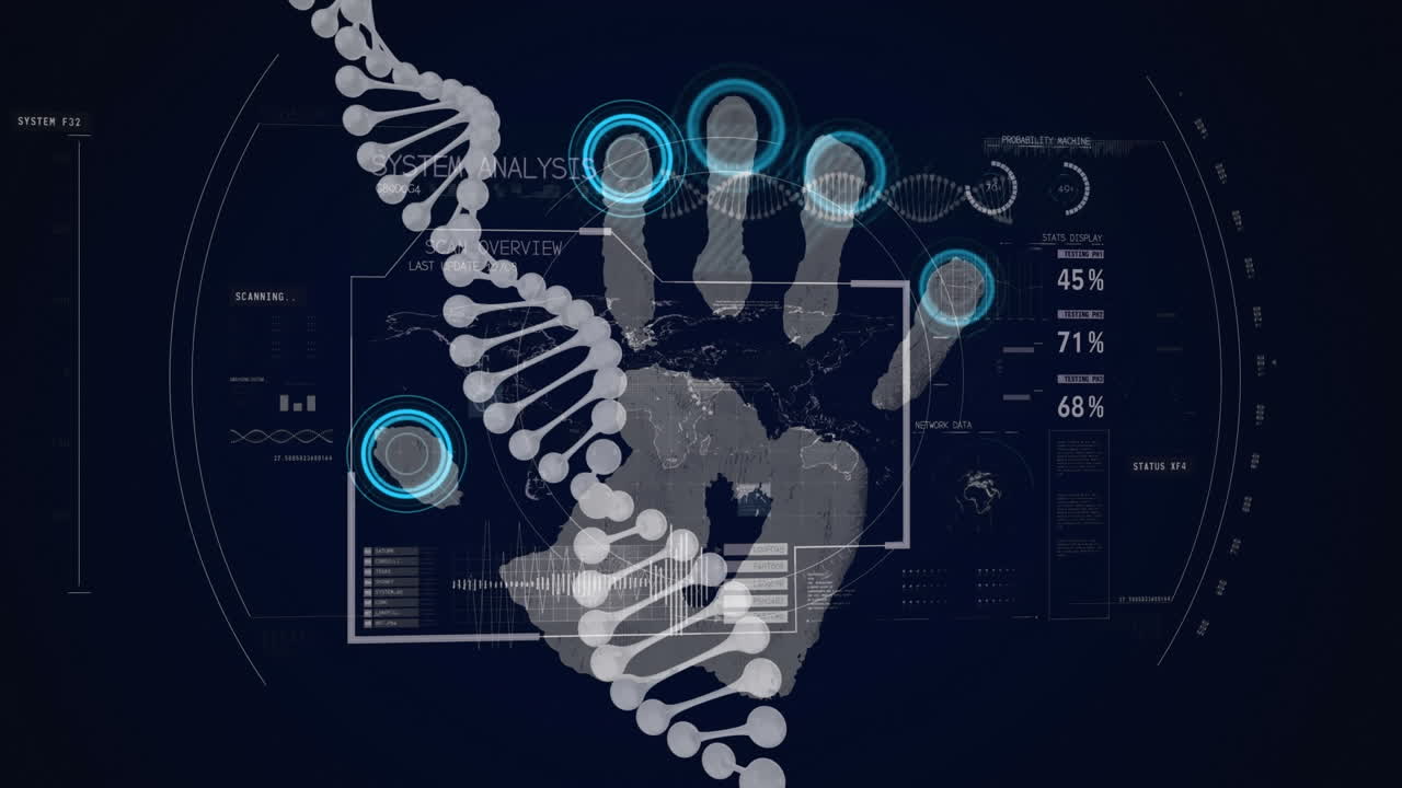 데이터 처리 및 생체 측정 손자국 위에 dna 가닥을 회전시키는 애니메이션