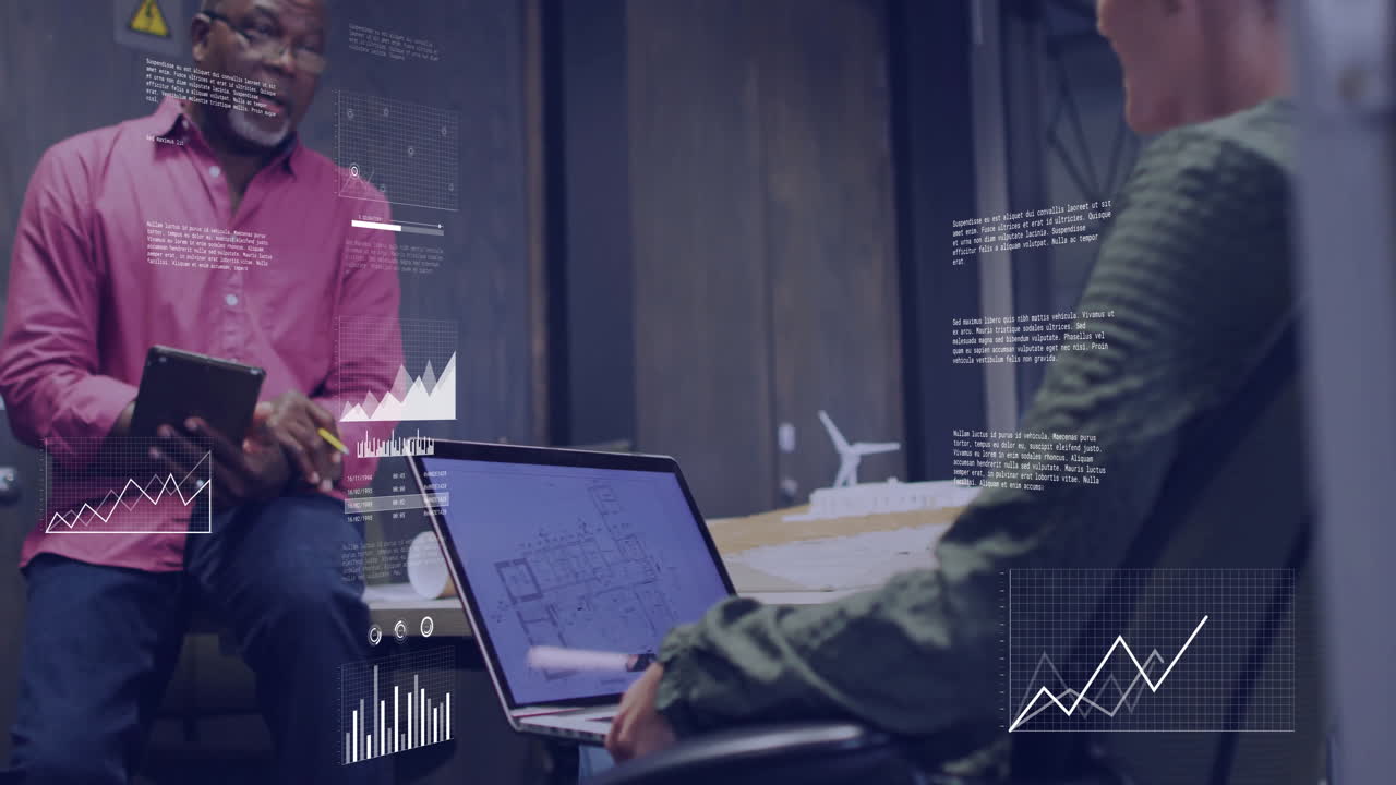 Animation of financial data processing over diverse colleagues discussing work in office