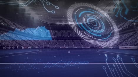 Animation-Der-Leiterplatte-Und-Datenverarbeitung-über-Dem-Sportstadion