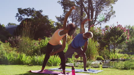 una pareja de ancianos afroamericanos haciendo ejercicio al aire libre estirándose en un jardín soleado