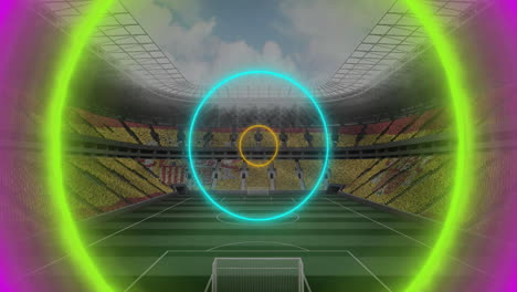 colorful concentric circles animation over empty soccer stadium with vibrant seating